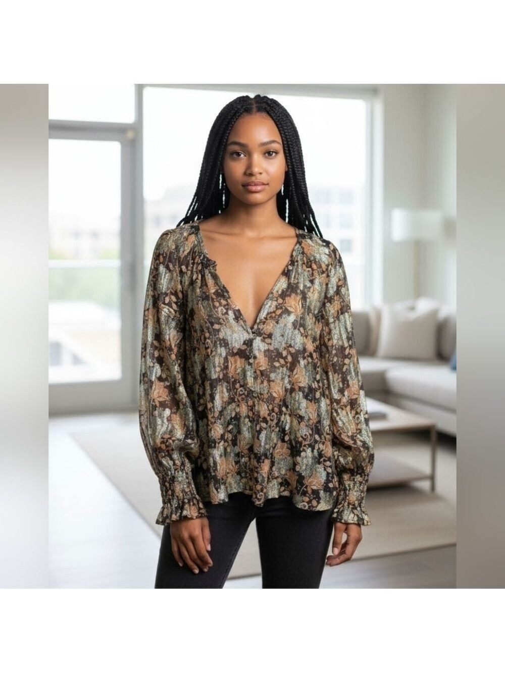 Free People Cream Brown Pleated Long Sleeve Blouse Large #BL15